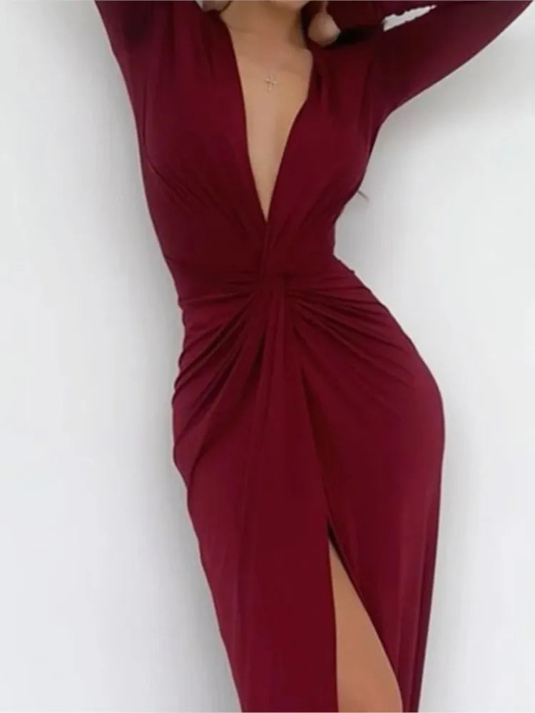 Women Maxi Dress Autumn 2023 New Fashion Sexy Slit V Neck Long Sleeve Solid Slim Pleated Evening Party Prom Dresses