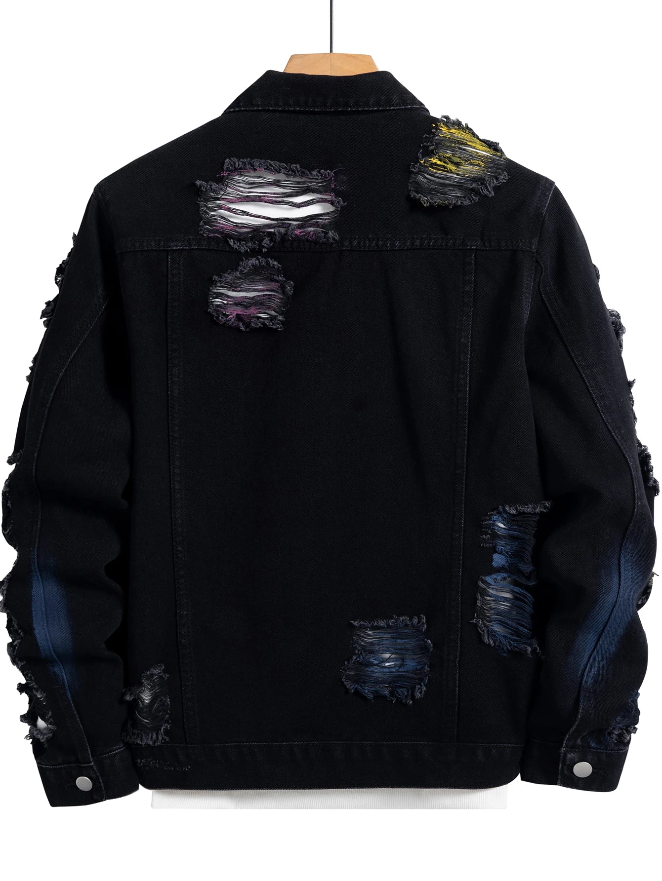 Men's black ripped denim jacket for spring and autumn. Random paint splashing.