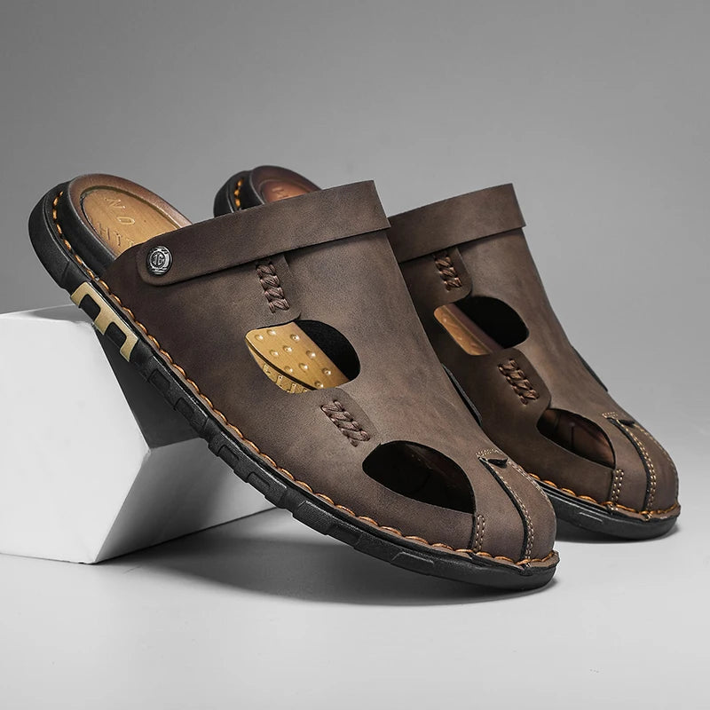 New Men's Leather Sandals Summer Slippers Beach Sandals Hollow Fashion Comfortable Outdoor Leisure Sports Sandals Large Shoes