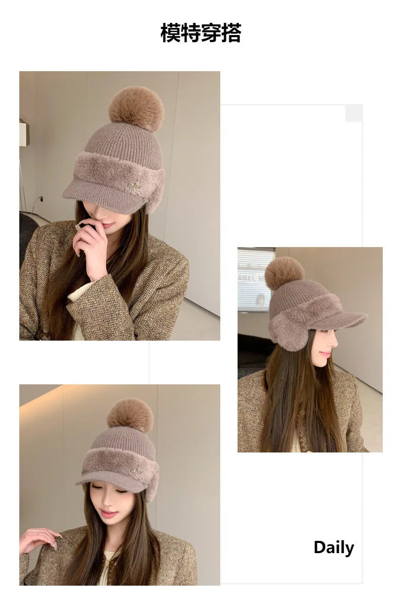 Winter Caps Patchwork Mink Fur Ear Protection Plush Hat Fashionable Solid Color Simple Wool Ball Knitted Hat For Women Cap BAZAARHUBO