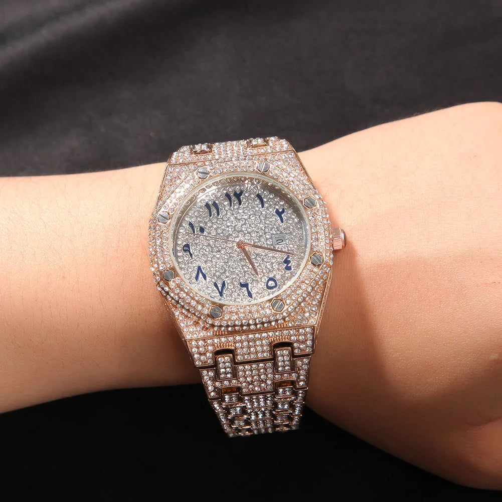 UWIN Hip Hop Stainless Steel Wristwatches for Men Full Iced Out Stones Fashion Luxury Zircon Quartz Square Watches for Gift
