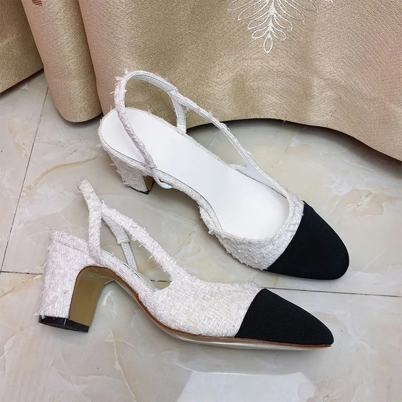 2023Spring Autumn Fashion High Heels Sandals Women's Dress Square Toe Slingback Shoes Women's Color Block Back With Flat Sandals