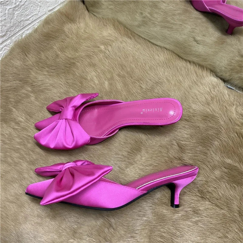 2024 Spring Pointed Toe Stiletto Heel Kitten Heels Bow Heel-Free Slippers for Women