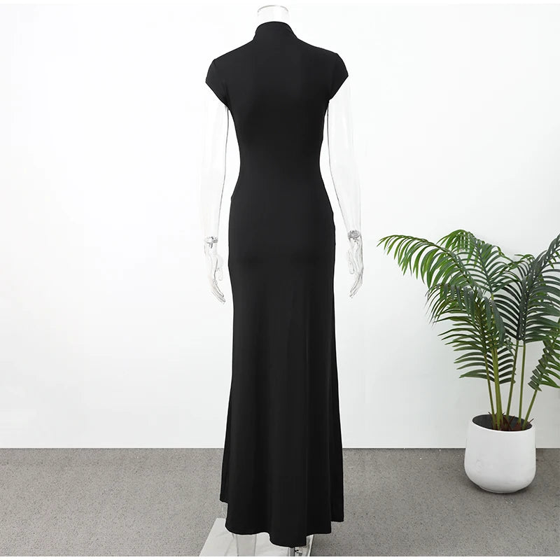 Y2k Black Hollow Out Slit Dress Women Solid Short Sleeve High Neck Slim Fit Maxi Dresses Lady Fashion Evening Party Club Robe