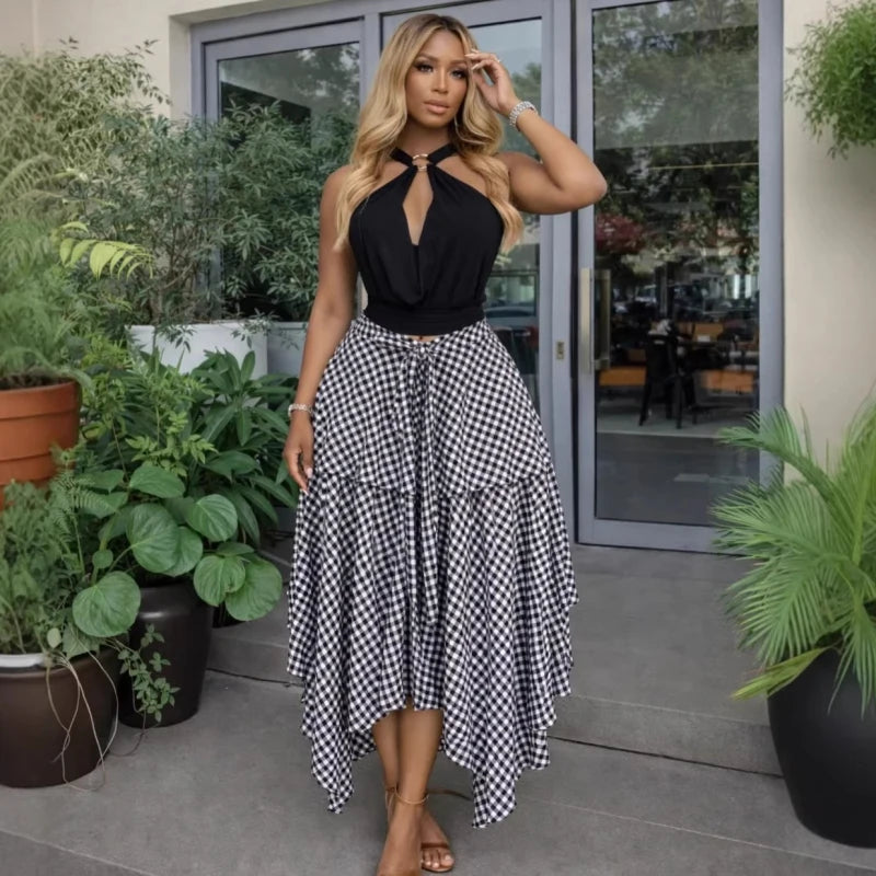 New African Fashion Sweet Checkered Print Skirt Women Summer Streetwear Irregular Patchwork High Waisted Skirt Female Bottoms
