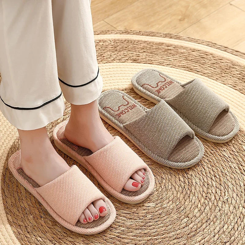 Couples Home Linen Slippers Women Indoor Soft Comfortable Bedroom Slides Men Leisure Non Slip House Shoes Platform Cotton Flats
