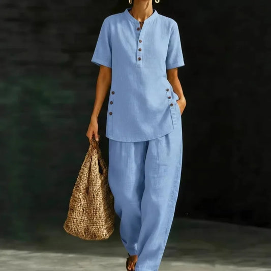 Casual Linen Two Piece Set Woman Outfit 2026 Summer Fashion Short Sleeve T-shirts And Wide Leg Pants Sets Suits Elegant