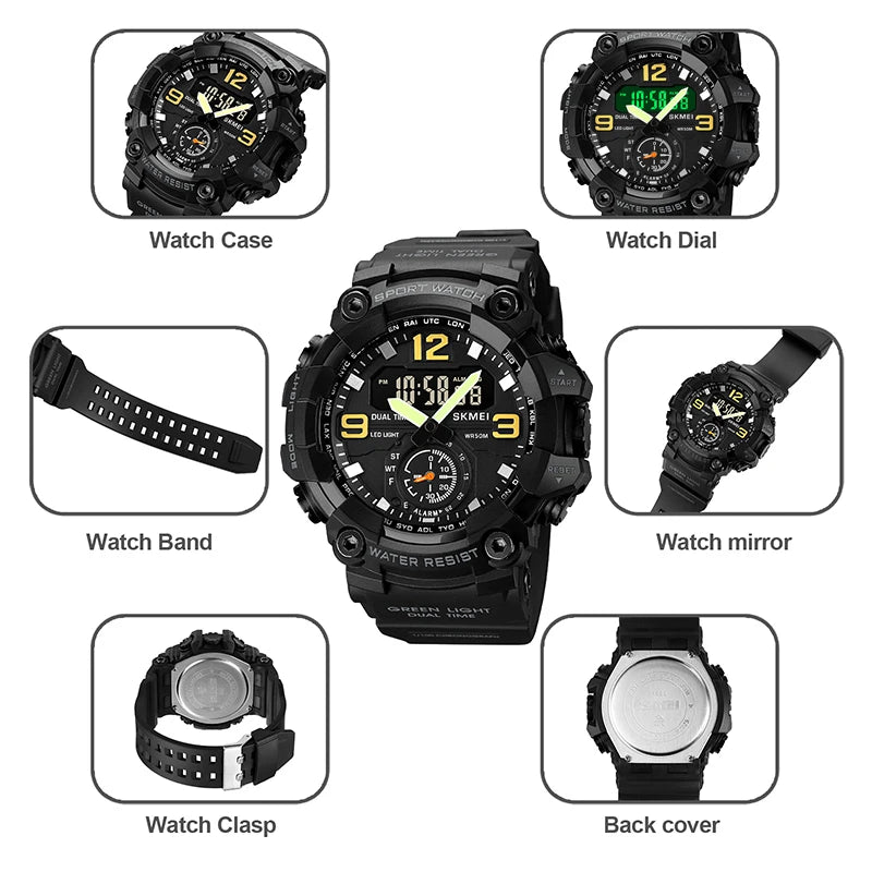 Skmei Men's Military Sport's Wristwatch Fashion Big Size Dial Quartz Analog Three Time Zone Male Led Waterproof Stop Watches