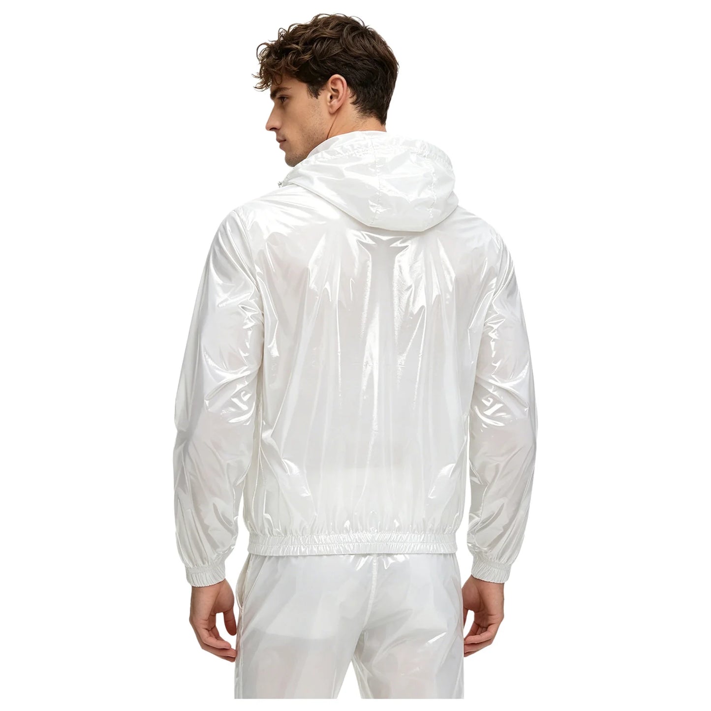 Men Shiny Glossy Hooded Jacket Windbreaker Raincoat for Hiking Fishing Biking Long Sleeve Front Zip-up Drawstring Hood Outerwear
