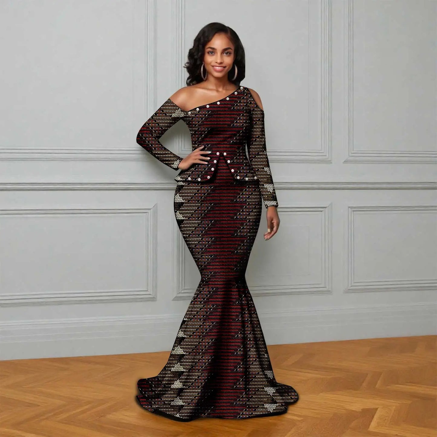 African Ankara Printed Fabric Women's Dress Skew Collar Long Sleeve Floor-Length Dress Elegant fashion 2625007