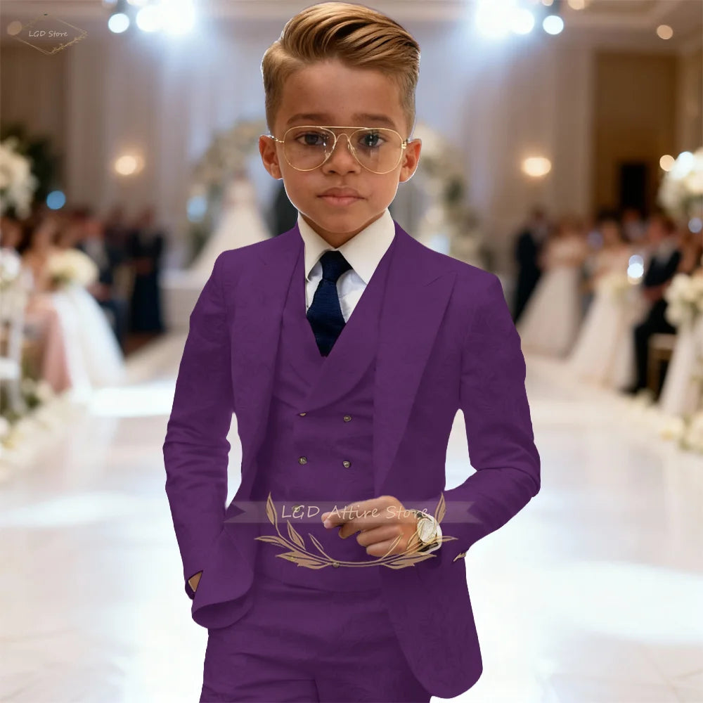 Kids Boys 3 Piece Intricate Jacquard Texture Blazer Suit Vest Trousers Elegant Gentleman Wedding Ceremony Formal Dress