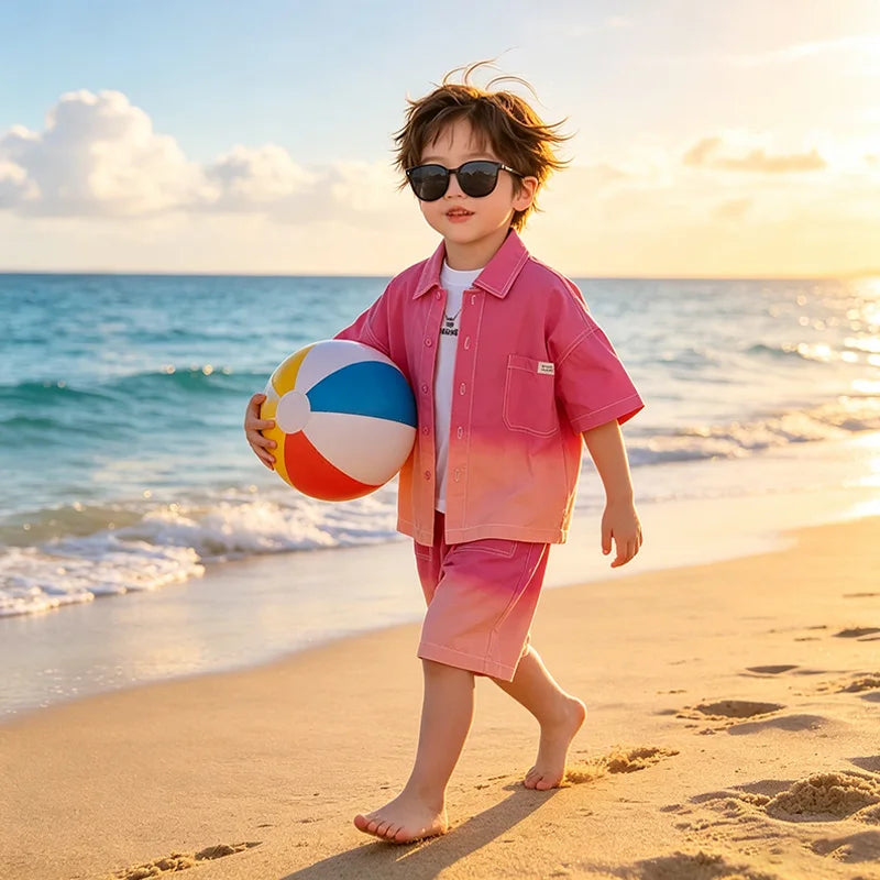 2026 New Boys Fashion Gradient Pink Shirt Shorts Set Loose Fit Casual Kids Two Piece Outfit Breathable Children's Streetwear 3-8