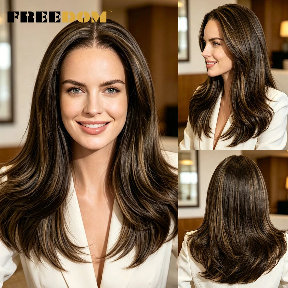 FREEDOM Synthetic Lace Front Wigs For Women 20" Layered Ombre Brown Blonde Wig 6x4 Pre-plucked Easy Wear And Go Glueless Wigs
