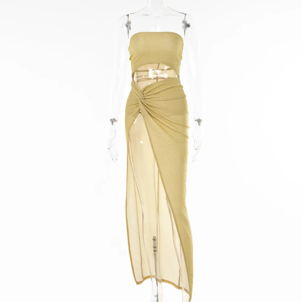 Cryptographic Summer Sexy Strapless Cut Out Slit Maxi Dress Elegant Outfits for Women Sleeveless Glitter Twist Dresses Vestido