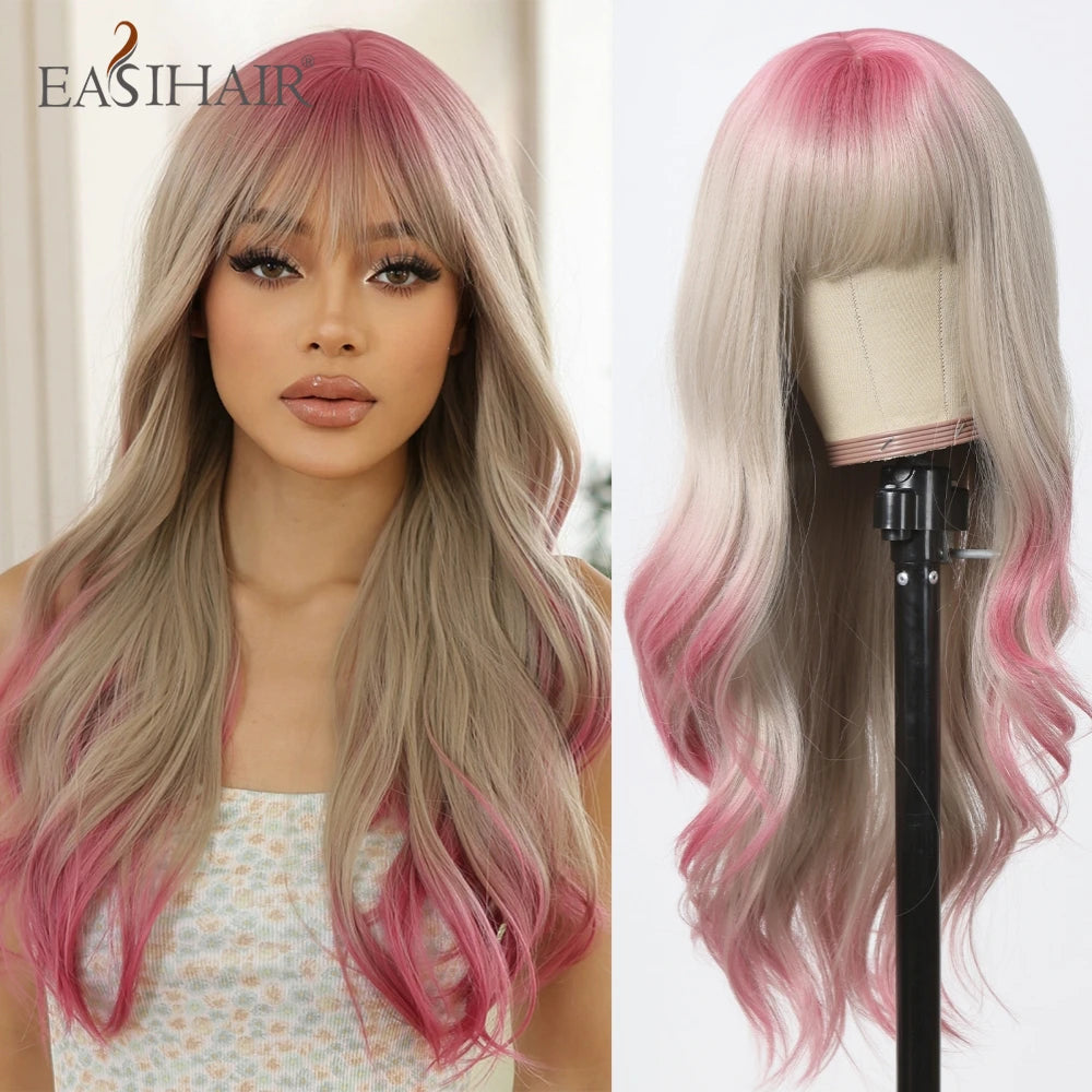 EASIHAIR Dark Brown Long Curly Synthetic Wig with Bangs Brown Women's Wigs for Cosplay Daily Use Heat Resistant Natural Hair