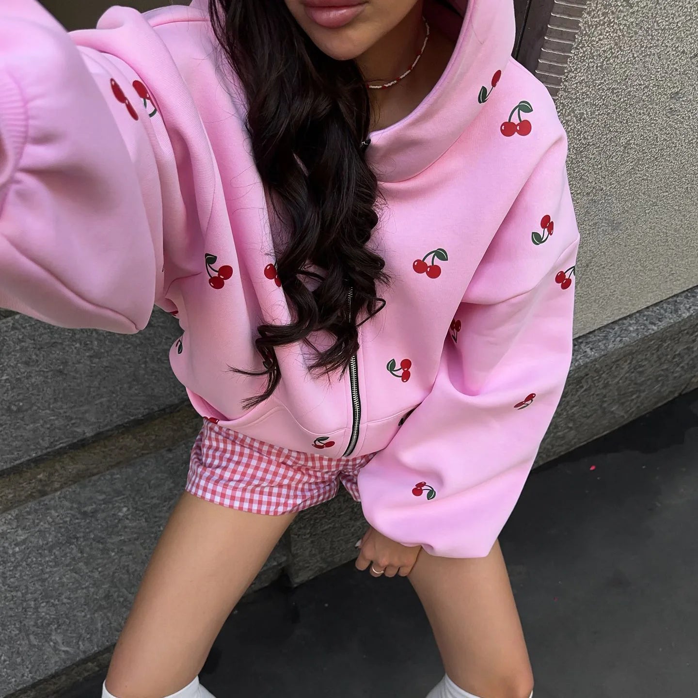 Women's Cherry Printed Sweatshirt Jacket 2025 Autumn Street Style Fashion Trendy Brand Loose Versatile Sports Hoodie Female New