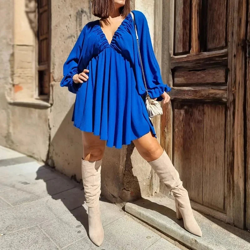 NHKDSASA Women Elegant Solid Loose Dress Summer Casual Long Sleeve Ruffle Dress Ladies Fashion V Neck A-line Party Dress Vestido