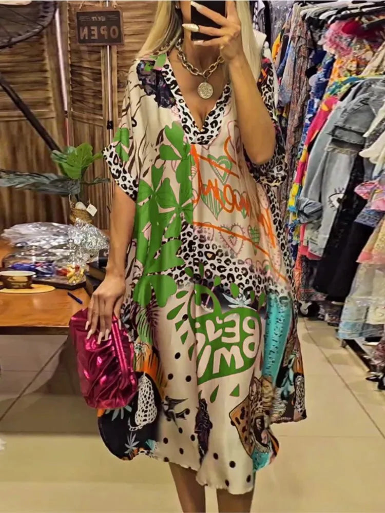 Leopard Print Shirt Dress Women Loose V Neck Summer Mid Calf Polyester