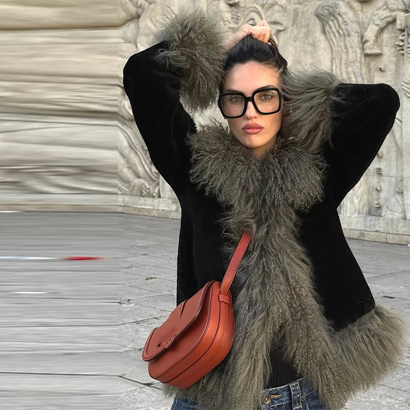 Vintage Patchwork Women's Faux Fur Trim Coat Urban Lapel Full Sleeve Female Jacket Female 2026 Autumn Winter Lady Streetwear New