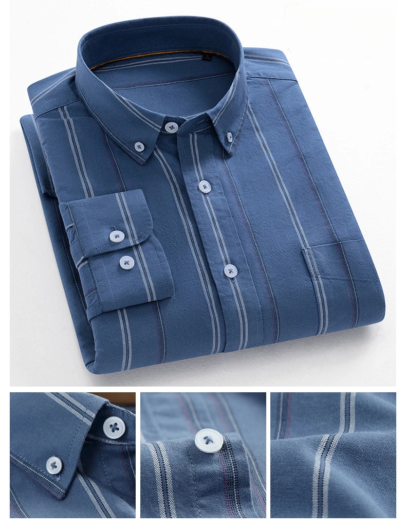 Fashion korean trends casual long-sleeve shirts for men slim fit plain shirt 100%cotton plaid striped tops soft designer clothes