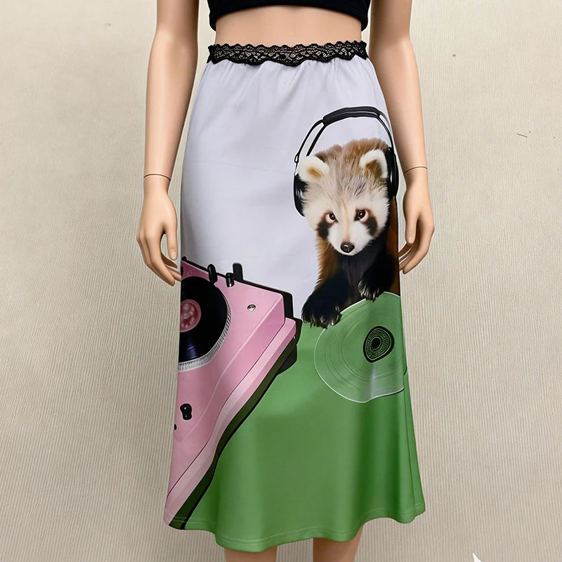 Sexy High Street Girl Personality Summer Aesthetic Lace patchwork Panda DJing Fun Printed Casual Mid Length Skirt Women Clothing