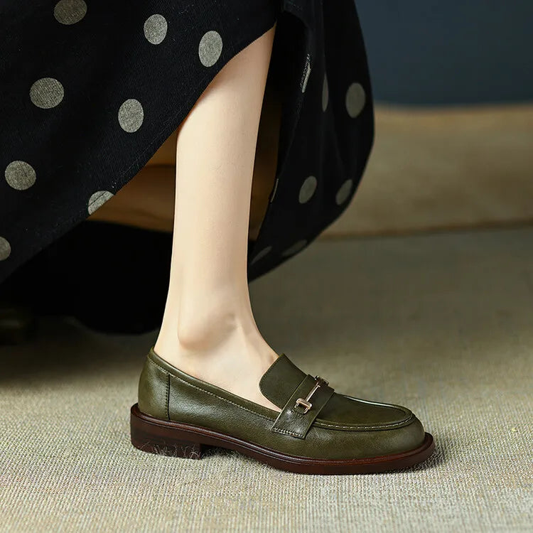Ochanmeb Natural Leather Loafers Flat Shoes Women Brand Metal Chain Round Toe Slip-ons Flats Ladies Casual Creepers Moccasins 40