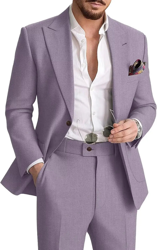 Mens Linen Suit 2 Piece Casual Suits for Men Summer Beach Groom Wedding Suit Linen Blazer Pants Set
