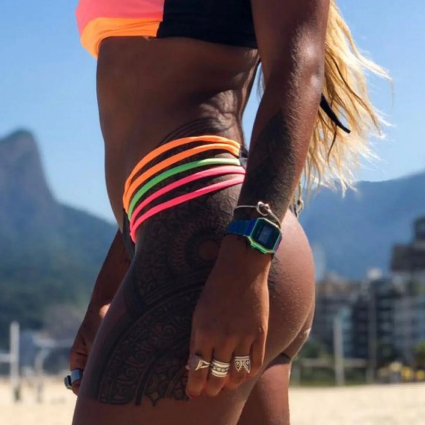 Women's Swimsuit Sexy Split Bikini Plain Cloth Splicing Striped Swimsuit Swimwear