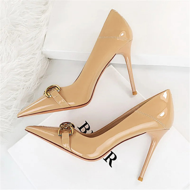 2023 Women Sexy 10cm High Heels Burgundy Nude Pumps Lady Stripper Stiletto Heels Glossy Leather Wedding Bridal Quality Red Shoes