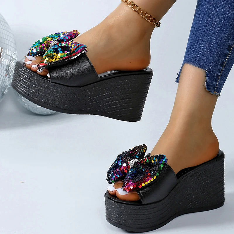 Chunky Platform Colorful Glitter Sandals Women Summer 2025 Super High Heels Big Bowtie Slides Woman Thick Bottom Slippers Shoes