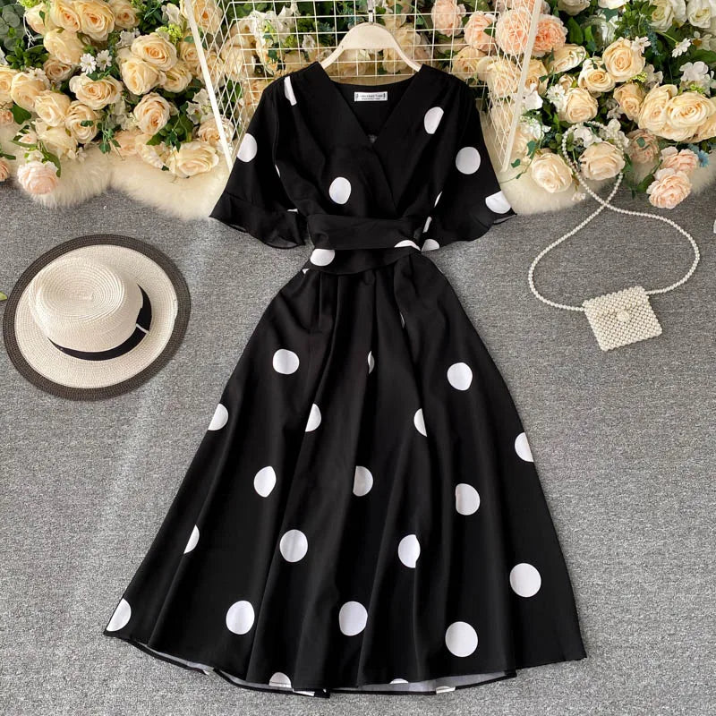 YuooMuoo Chic Polka Dot Print Women Dress Summer Vintage Swing Midi Party Dress