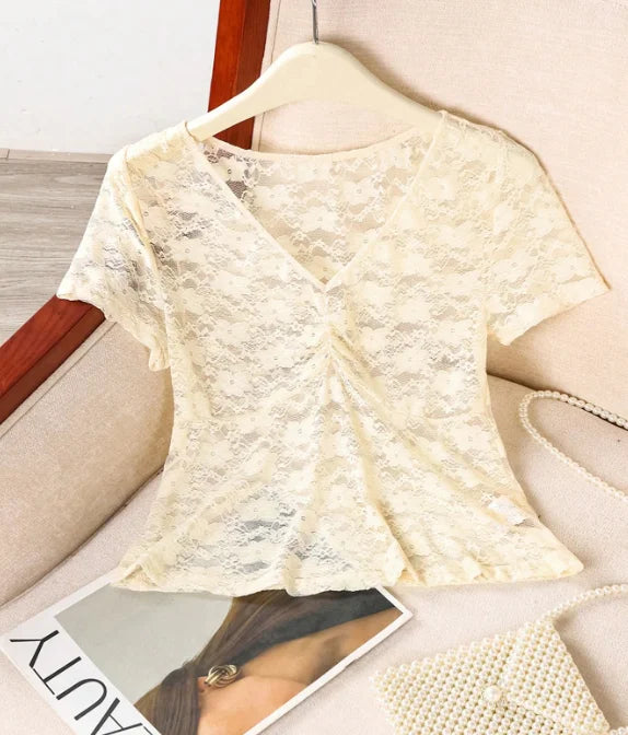Summer European and American style sexy lace shirt short sleeved beach top for women