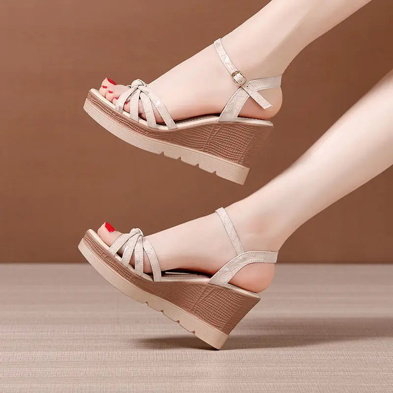 Hot Sale Thick Sole Leather Casual Platform Sandals Women Summer 2026 High Heels Wedges Shoes for Office Beach Mother