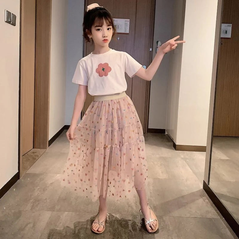 2026 Fashion Girls Dress Summer Kids T-shirt + Dress 2PCS School Casual Children Short Sleeve Dresses for Girl Teen 8 10 12 Year