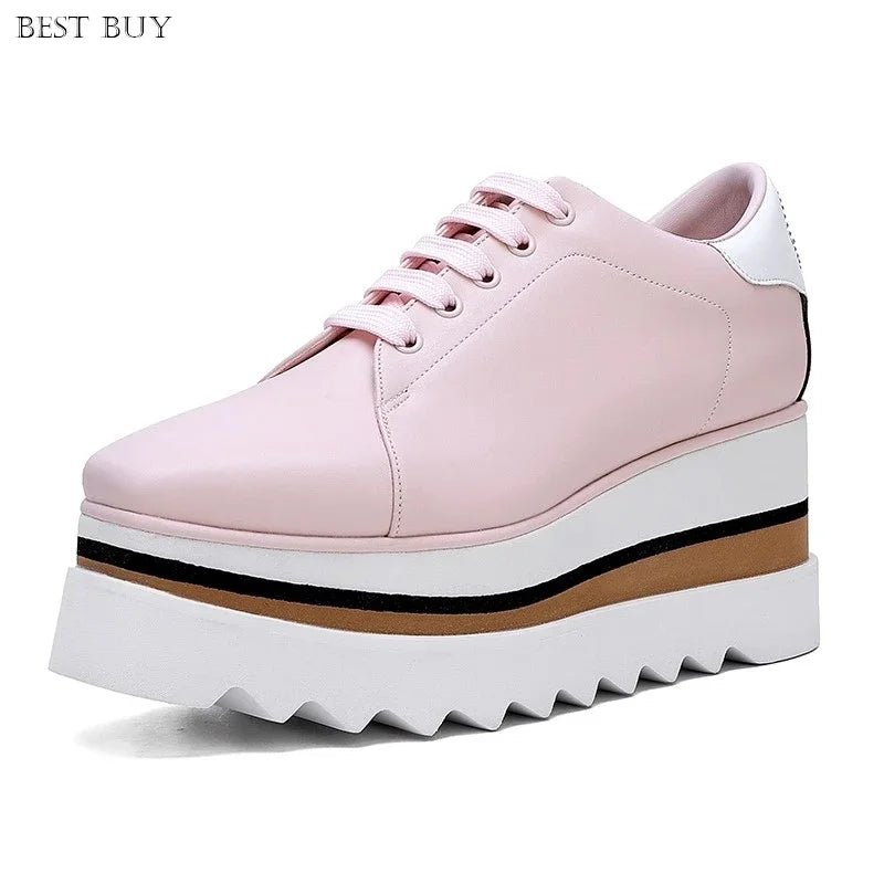 New beige Women Platform Casual Shoes 2024 Spring Black Casual Chunky Sneakers Women Real Leather White Height Increasing Shoes