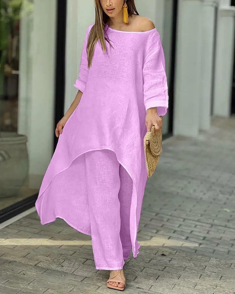 2 Piece Women Set African Clothes Women Outfits Cotton Linen Suit Long-Sleeved Top Pants Oversize Trousers Casual Party Set 2024