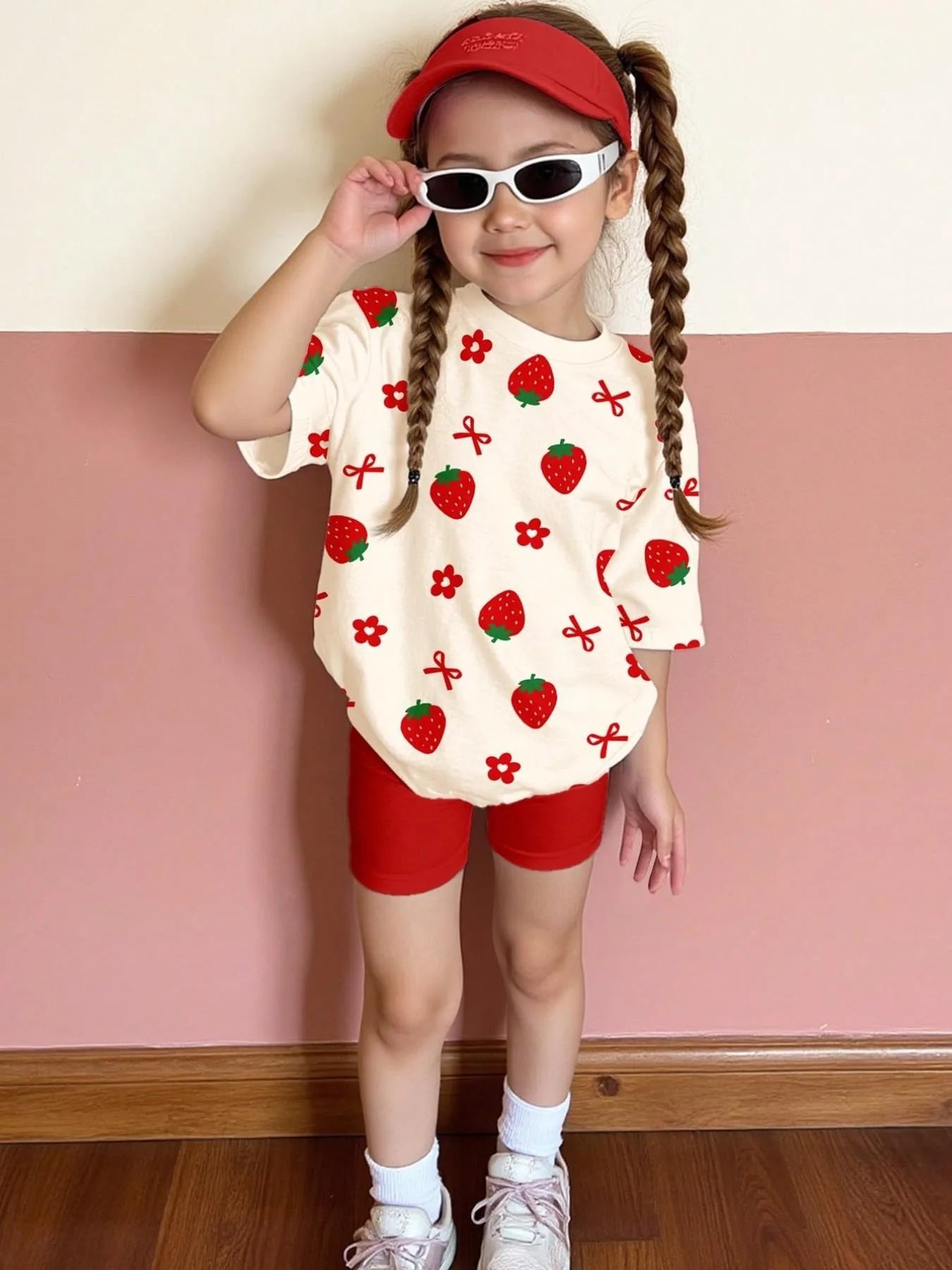 Kids Girls 2-Piece Summer Outfit, Strawberry Print Short Sleeve T-Shirt + Red Biker Shorts Casual Set