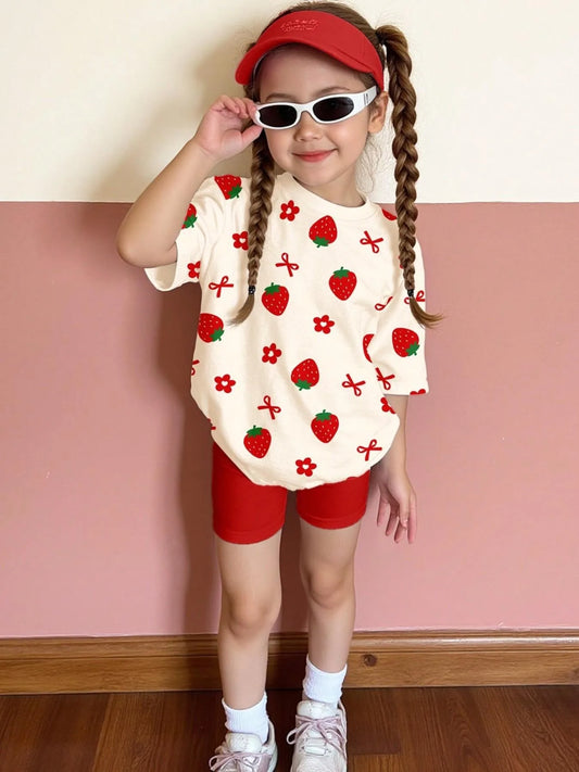 Kids Girls 2-Piece Summer Outfit, Strawberry Print Short Sleeve T-Shirt + Red Biker Shorts Casual Set
