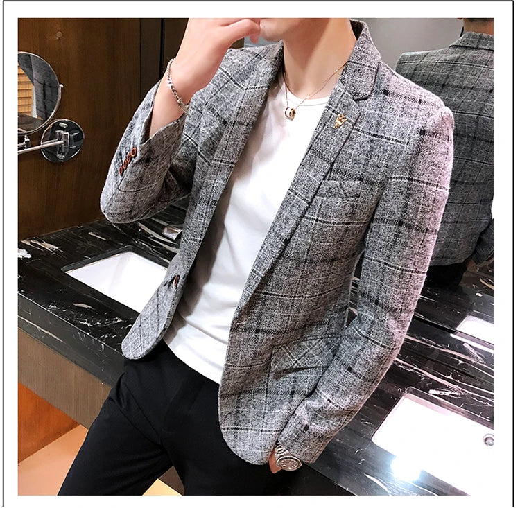 Spring and Autumn New Boutique Japanese Style Print Stand Collar Mens Casual Jacket Slim Male Coat Male Plaid Suit Jacket Blazer