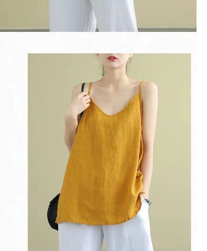 Women's Summer Top Cotton Linen Spaghetti Strap Top Women Halter V Neck Basic Yellow Sleeveless Tank Tops Loose Casual Camis