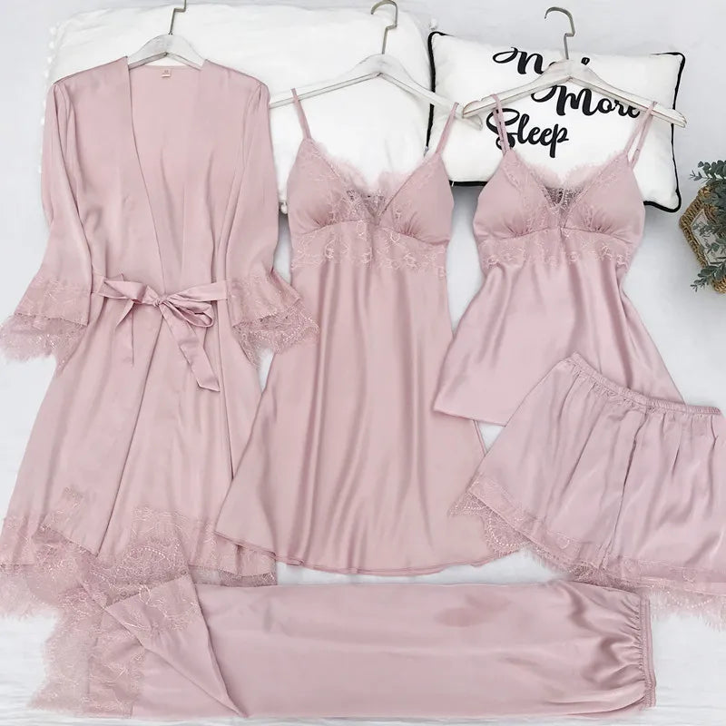 Women Pajamas Five Piece Set Spring Summer Sleepwear Nightgown Sexy Lace Bath Robe Gown Loose Silk Satin Home Wear Loungewear