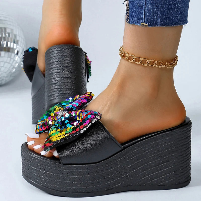 Chunky Platform Colorful Glitter Sandals Women Summer 2025 Super High Heels Big Bowtie Slides Woman Thick Bottom Slippers Shoes