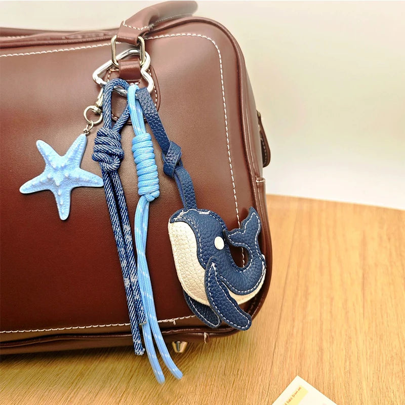 Exquisite Blue Whale Pendant Keychain,Cartoon Cute Starfish Whale Woven Rope Charm Car Bag Decoration Creative Gift