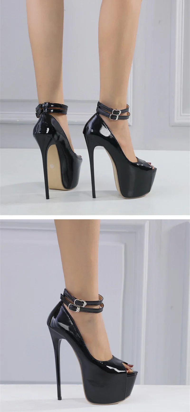 Fashion Design Double Buckle Strap Platform Sandals Women Pumps Sexy Peep Toe 16.5CM Super High Heels Stripper Shoes White
