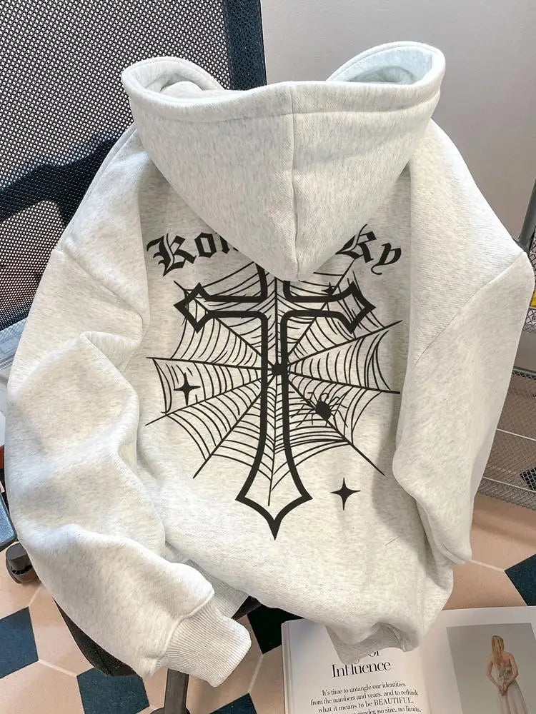 European American High Street Spider Cross Autumn Winter Fleece Warm Hooded Sweatshirt Casual Adult Men Versatile Soft Daily Use BAZAARHUBO