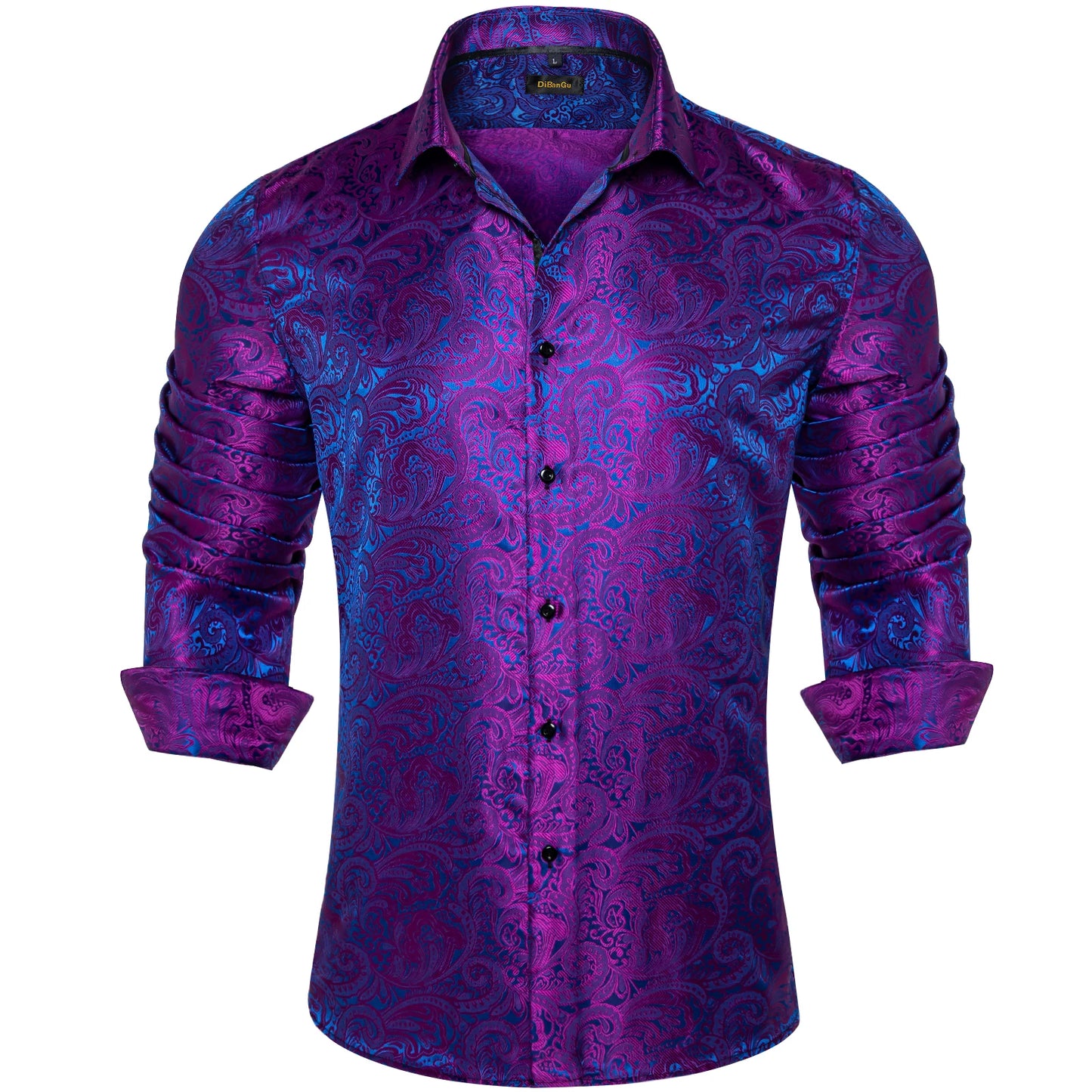 Luxury Purple Paisley Polyester Shirts for Men Long Sleeve Wedding Prom Men Clothing Button Down Collar Social Dress Shirt
