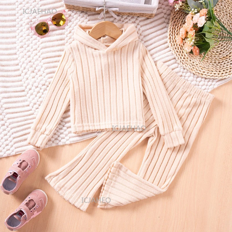 Girls Children Outfit Set Hooded Knit Sweater Long Sleeve Solid Pants Casual Clothing for Kids Toddler Daily Wear Autumn Spring