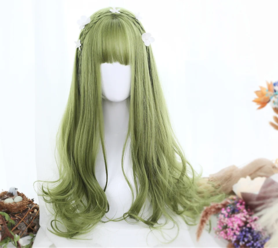 XIYUE Green Long Straight Synthetic Wigs for Women Natural Wave Wigs with Bangs Heat Resistant Cosplay Hair Halloween