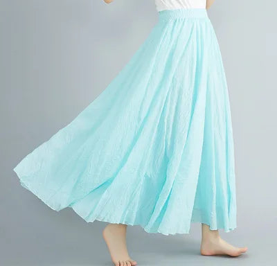 New 2020 Women Linen Cotton Long Elastic Waist Pleated Maxi Skirt Beach Vintage