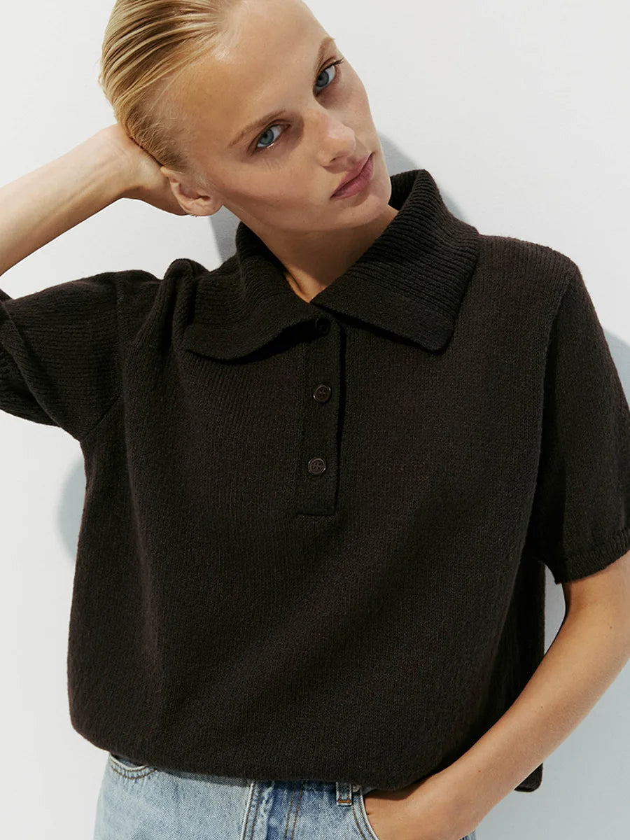 Bronladies Women's Polo Hollow Knitted Short Sleeved Sweater Spring Summer Bubble Sleeve T-shirt Female Simple Knitted Sweater